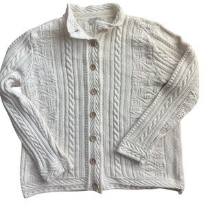 L.L Bean Signature Cotton Fisherman  Cableknit sweater cardigan - Large -  Beige